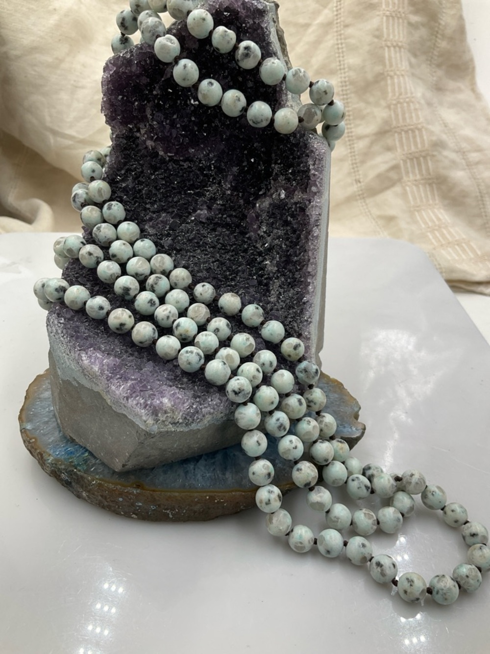 Single-Strand 60”Double Knotted 6-7mm Beads Of Sesame Jasper Stone Necklace - Picture 5 of 5